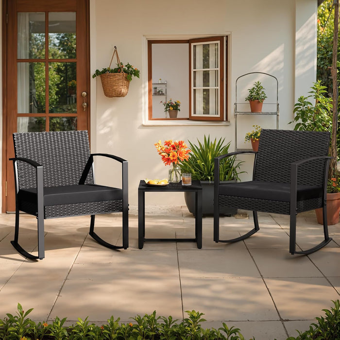 3 Pieces Outdoor Furniture Set Patio Bistro Rocking Chairs with Glass Coffee Table for Pool Beach Backyard Balcony Porch Deck Garden, Black