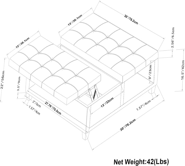 Harrison 30 Inch Wide Transitional Square Small Coffee Table Storage Ottoman in Distressed Saddle Brown Vegan Faux Leather, Assembled, for the Living Room and Bedroom