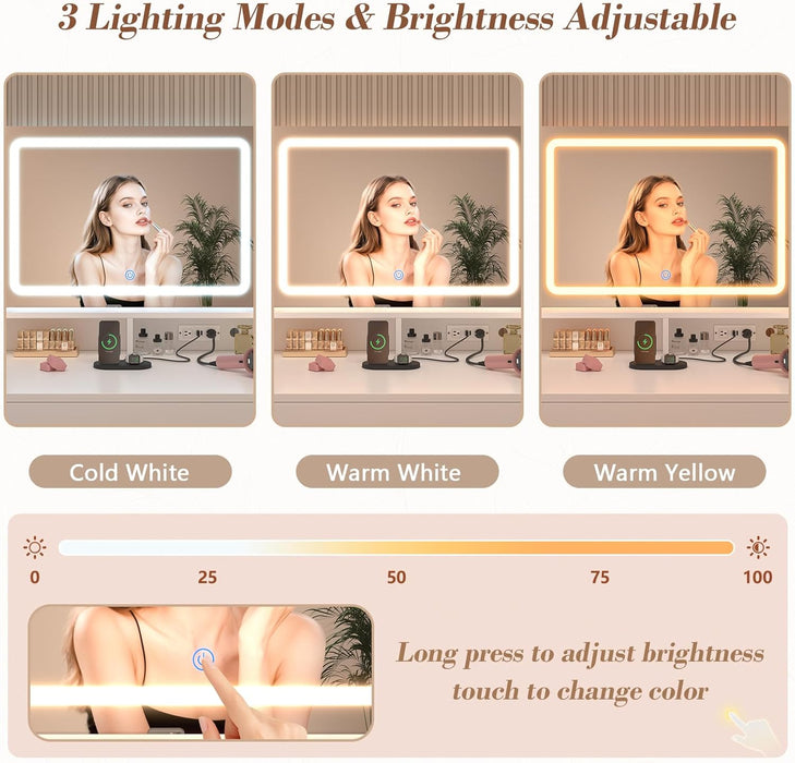 Vanity Desk with LED Mirror and 360 Rotating Makeup Organizer Shelves, White Makeup Vanity with Lights & Charging Station, Large Vanity Table with 6 Storage Drawers Bedroom Makeup Desk for Women Girls