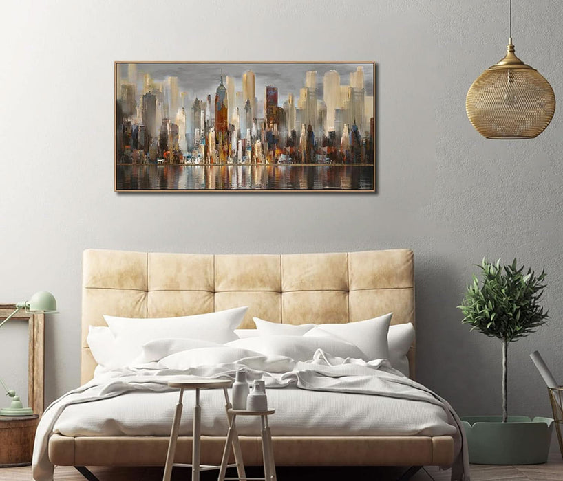 Abstract Modern Canvas Wall Art for Living Room Cityscape New York Wall Decor City Theme Paintings Brown Framed Pictures Office Artwork Wall Decor Bedroom above Bed