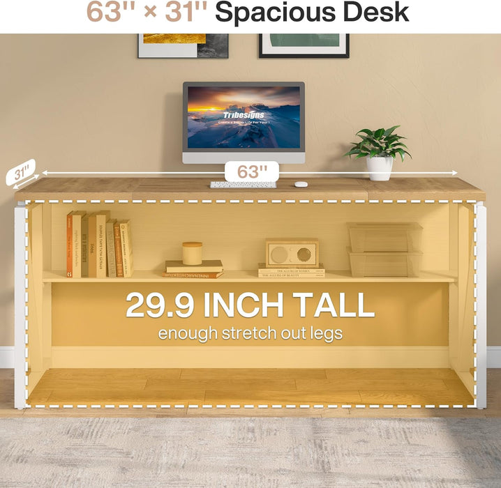 63 Inches Computer Desk with Bottom Storage Shelf Home Office Desk Writing Table for Workstation, Dark Walnut + Steel Leg, Cabinet Not Included (Light Oak, 63-Inch-With Shelf)