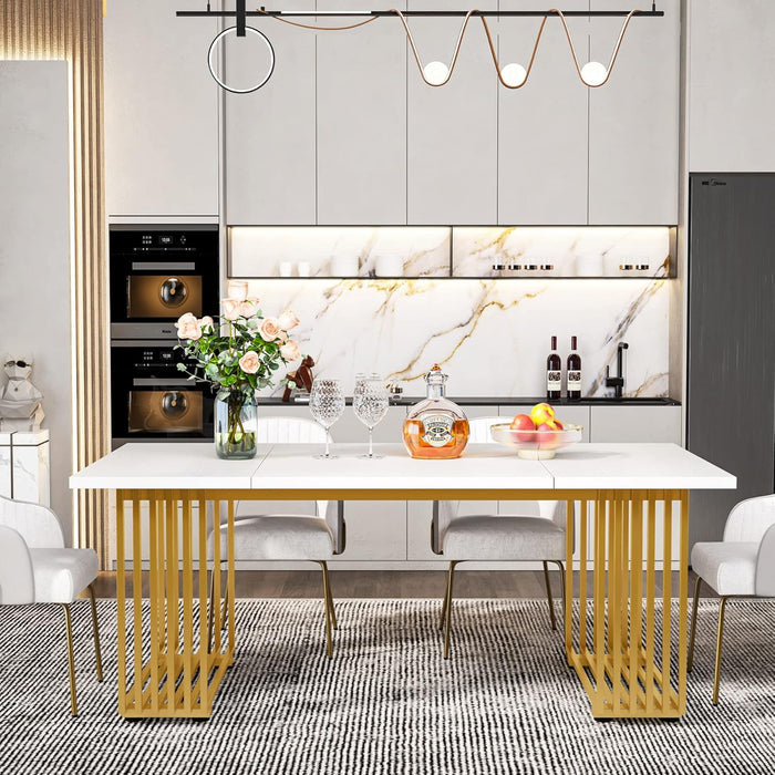 Modern Dining Table for 6-8 People, 70.8 Inches Long White Room Kitchen, Wood Kitchen with Gold Metal Legs, Rectangular Dinner Room, Family Gathering