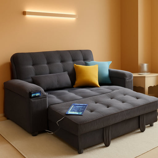 58In Sleeper Sofa Bed DarkGrey FoldableSideTable SpaceSaving