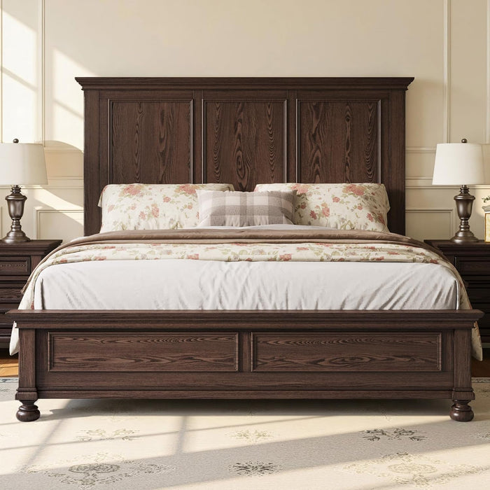 Solid Wood King Bed Frame with 65.2" High Headboard, Traditional Platform Bed with Heavy Duty Slats, No Box Spring Needed, Easy Assembly, Dark Brown