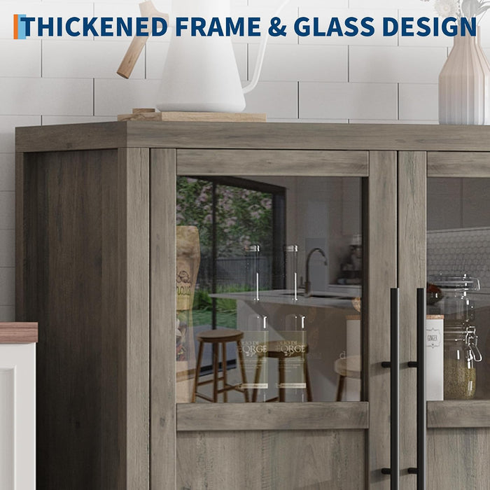 55” Large Buffet Cabinet with Storage, Sideboard Buffet Cabinet with Glass Doors, Modern Farmhouse Storage Cabinet Table for Kitchen Dining Room, Living Room (Grey, Glass with 4 Doors)