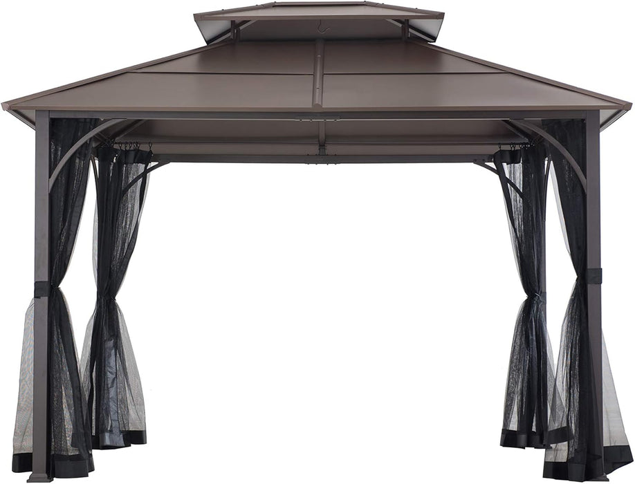 Hardtop Gazebo 10 X 12 Ft. Outdoor Gazebo, Heavy Duty Steel Frame Gazebo, Double Tiered Metal Gazebo with Ceiling Hook and Mesh Netting, Brown