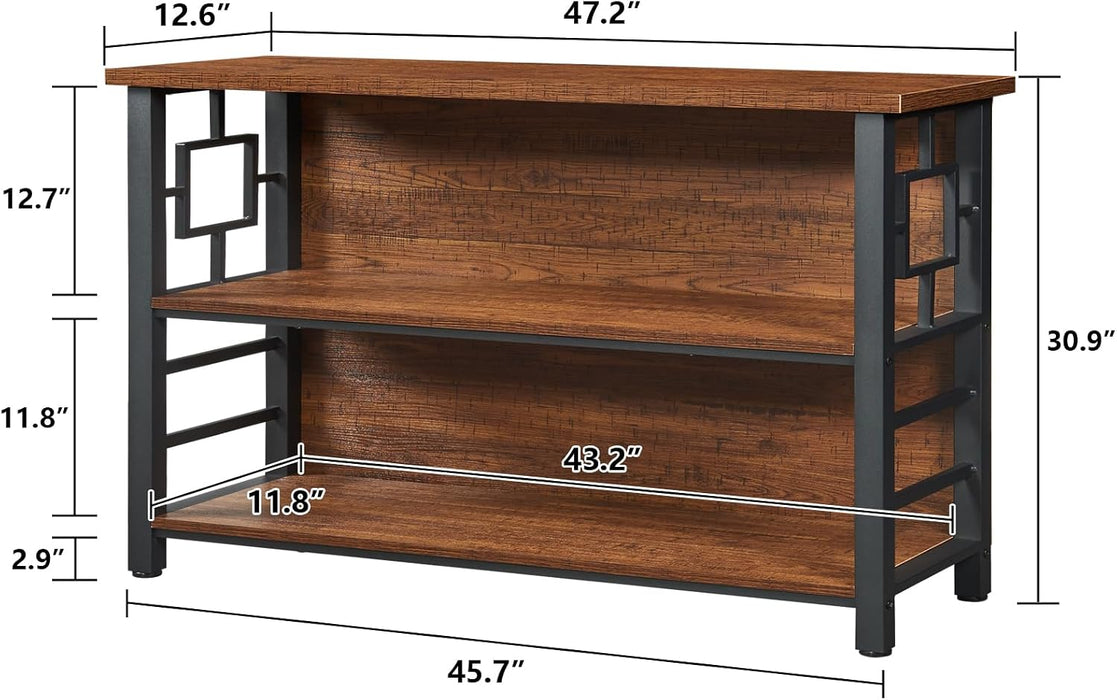Book Shelf, 3 Tier Long Bookshelf with Storage, Engineered Wood and Metal Shelf Bookcase, Low Short Bookcases for Small Space, Living Room, Bedroom, Office, Rustic Brown