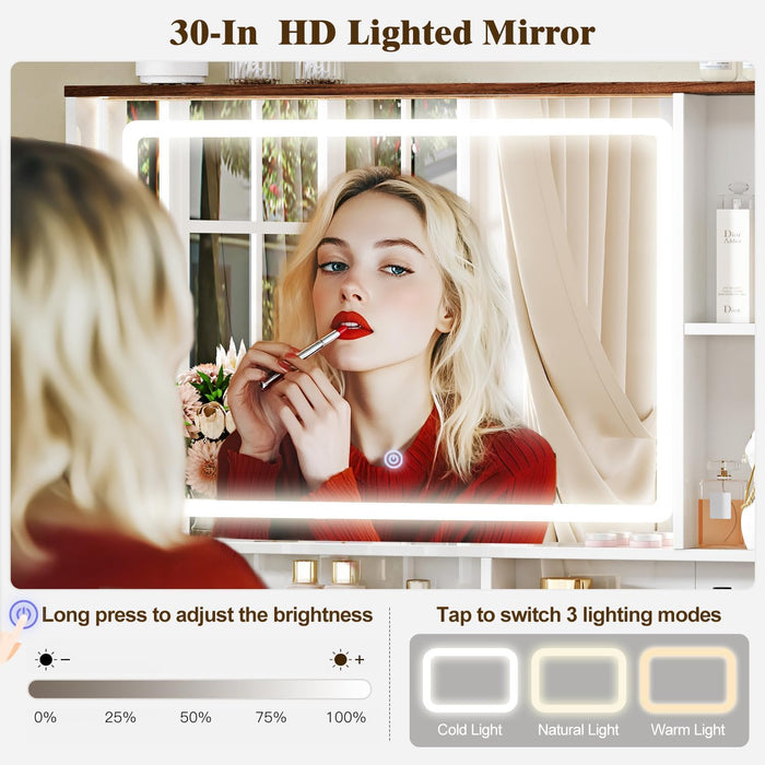 43" Large Vanity Desk with 30" HD Lighted Mirror,Modern Vanity Desk with Mirror and Lights, Makeup Vanity with 5 Drawers and Storage Shelves and Charging Station, White2300