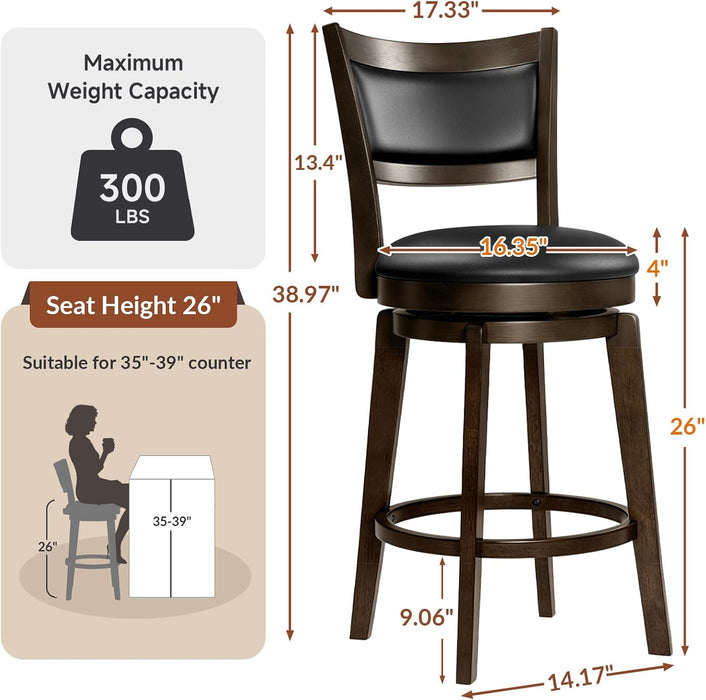 26" Swivel Barstools Set of 2, Counter Height Stool with Back