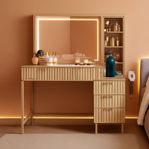 48" Makeup Vanity Desk with Mirror & Lights, Glass Top Table for Bedroom | Wooden Vanity Table, 5 Drawers, 3 Adjustable Shelves, Built-In Charging Station, 3 Color Lighting Modes, Bedroom Dressing