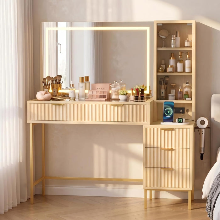 48" Makeup Vanity Desk with Mirror & Lights, Glass Top Table for Bedroom | Wooden Vanity Table, 5 Drawers, 3 Adjustable Shelves, Built-In Charging Station, 3 Color Lighting Modes, Bedroom Dressing