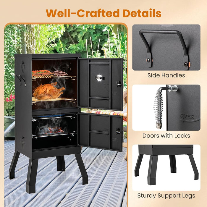 Outdoor Smoker with Double Doors, 2 Detachable Grill Netting Smoking Racks, Charcoal Pan & Water Pan, 4 Air Vents, Thermometer, Vertical Charcoal Smoker for Barbecue Camping Backyard Grill