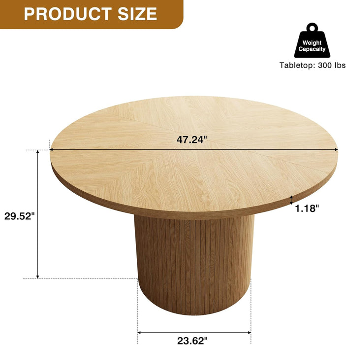 47 Inch round Dining Table, Farmhouse Fluted Dining Kitchen Table, Modern Wood Small Circle Dining Table for Kitchen Living Room, Natural