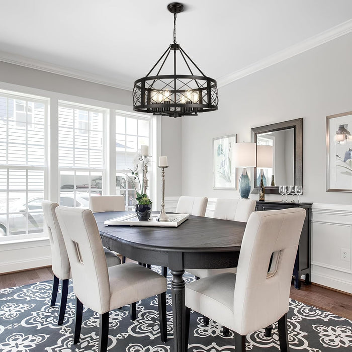 6-Light Black Rustic Drum Chandelier, 22.5” Modern Chandelier for Dining Room, round Metal Hanging Light Fixture for Foyer, Entryway, Bedroom, Kitchen Island