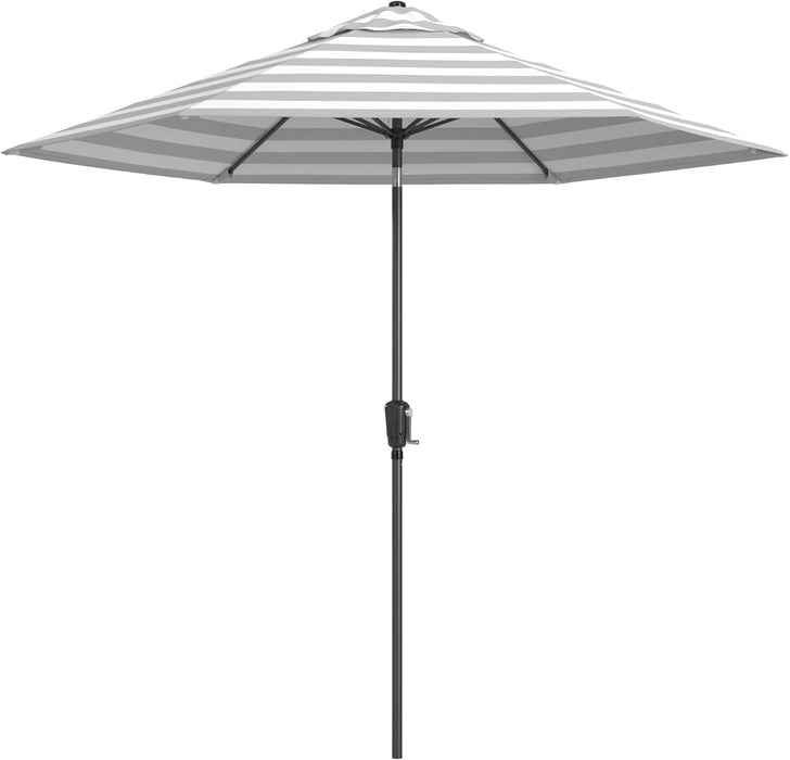 9-Ft Patio Umbrella, 8-Year Protection, Solstice Fade-Resistant Fabric, Crank Lift, Push-Button Tilt, Heavy-Duty Aluminum Frame, 6 Reinforced Ribs with Wind Vent, Grey/White Stripe