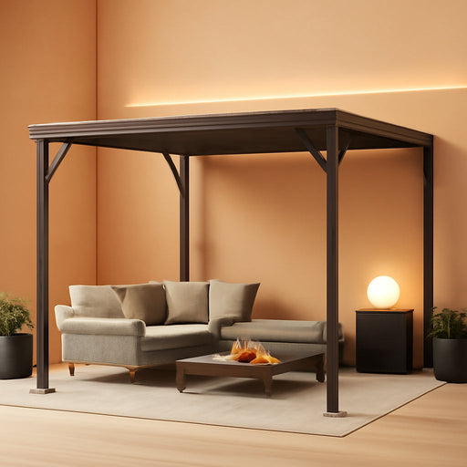 Domi 10’X10’ Lean-To Gazebo, Hardtop Wall-Mounted Gazebo Pergola with Sloping Galvanized Steel Roof and Upgraded Drainage System, Outdoor Permanent Metal Shelters for Patio Backyard Deck, Grey