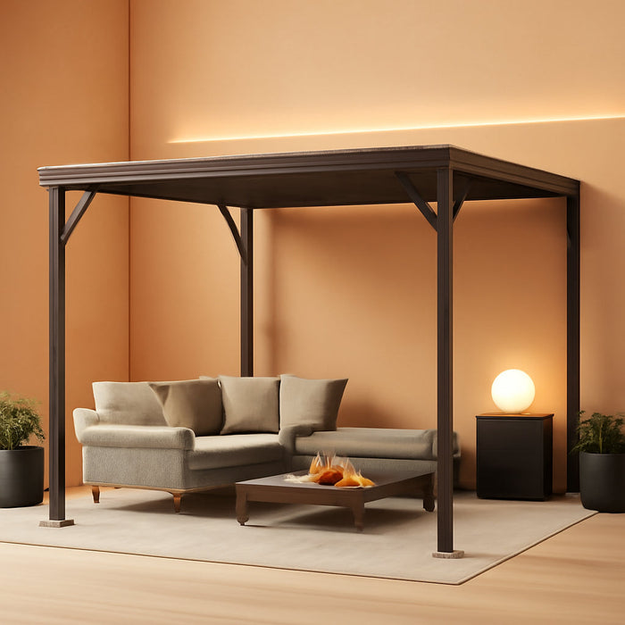 Domi 10’X10’ Lean-To Gazebo, Hardtop Wall-Mounted Gazebo Pergola with Sloping Galvanized Steel Roof and Upgraded Drainage System, Outdoor Permanent Metal Shelters for Patio Backyard Deck, Grey