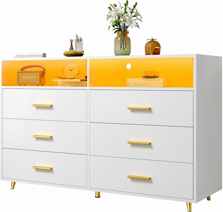 White Dresser with LED Lights, 6 Drawers & 2 Open Shelves Top Dresser for Bedroom, Wood Chests of Drawers