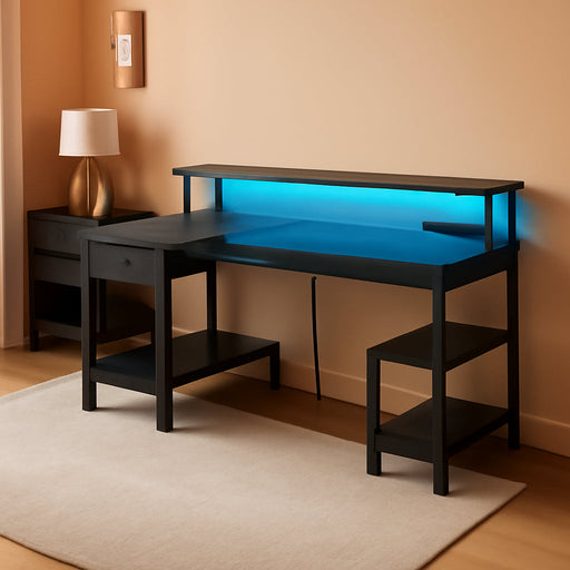 47 Inch Reversible L Shaped Desk with LED Lights & Power Outlets, Computer Desk with Shelves & Monitor Stand, Gaming Desk with Drawer, Home Office Desk Corner Desk, Black