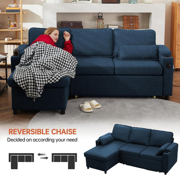 Cerulean Linen Convertible Sleeper Sofa With Pullout