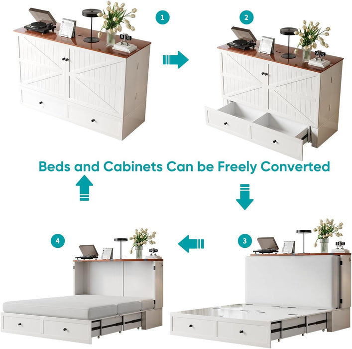 Queen Murphy Bed with Tri-Folding Mattress, 63" W Cabinet Bed with USB Charging Station & Storage Drawer, Queen Size Murphy Cabinet Beds for Living Room, Apartment, Home Office, Bedroom, White