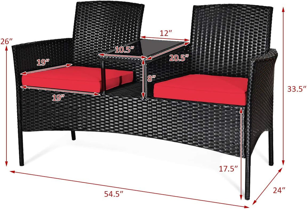 Wicker Patio Conversation Furniture Set, Outdoor Furniture Set with Removable Cushions & Table, Tempered Glass Top, Modern Rattan Bench for Garden Lawn Backyard