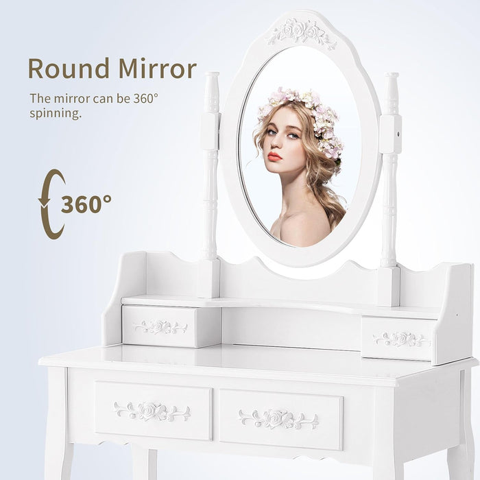 Vanity Table Set with 4 Drawer,Makeup Dressing Table W/Cushioned Stool,Girls Women Bedroom Furniture Set Oval Mirror White