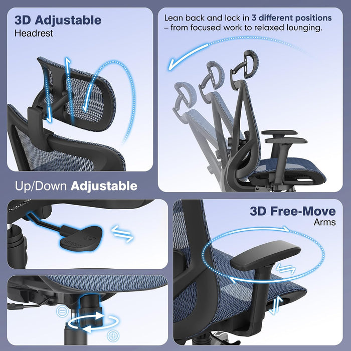Ergonomic Office Chair with 3D Headrest, T23 High Back Mesh Desk Chair with Adjustment Lumbar Support & 3D Armrests, Chair, Big and Tall Swivel Computer Chair for Home Office, Gaming