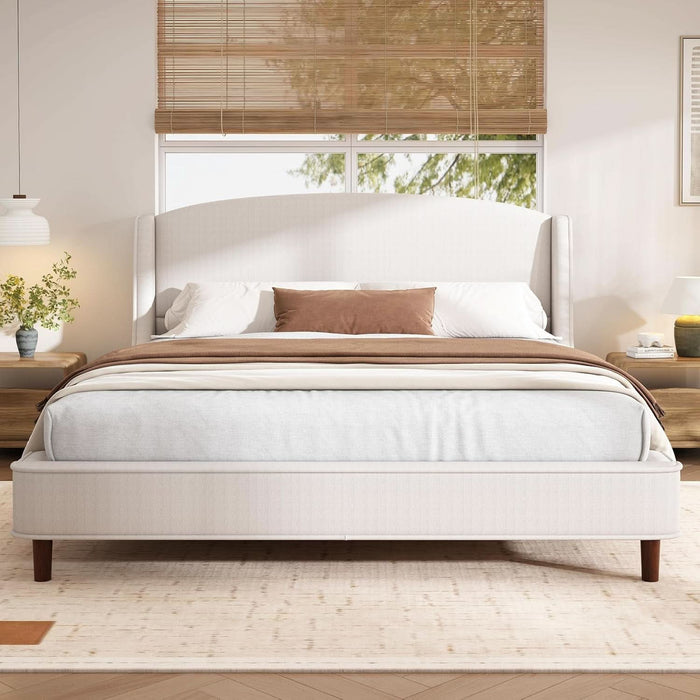 Cordo 44.50" H King Size Bed Set, Upholstered Platform Bed with Wingback Headboard, Solid Wooden Slats Panel Support, No Box Spring Needed, Easy Assembly, Beige