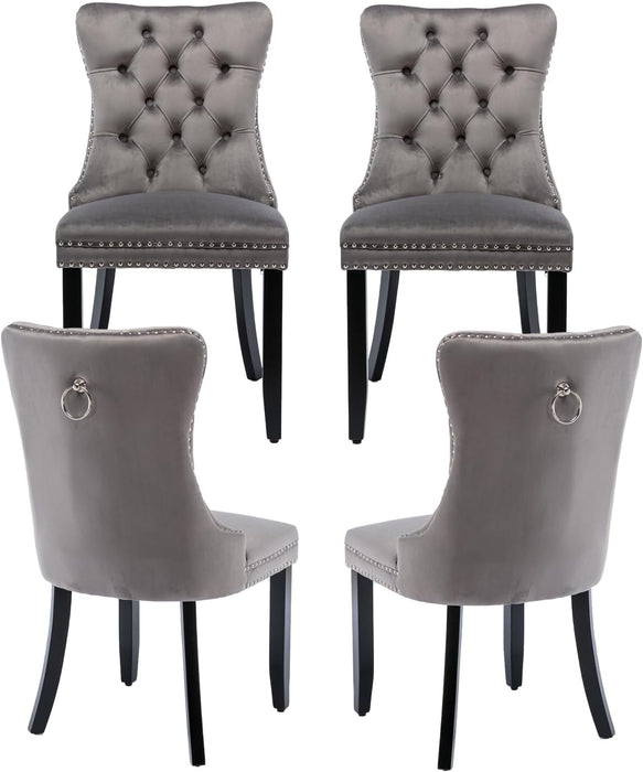 Grey Velvet Dining Chairs Set of 4, Tufted Upholstered Dining Room Chairs with Back Ring Pull, Nailhead Trim and Solid Wood Legs, Modern Dining Chair for Dining Room, Kitchen(Grey)