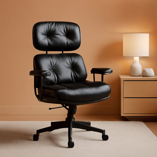 Ergonomic Home Office Chair, Mid-Century Modern Leather Chair with Lumbar Support, High Back Swivel Rolling Executive Chair with Comfy Thick Cushion (Black, PU Leather)