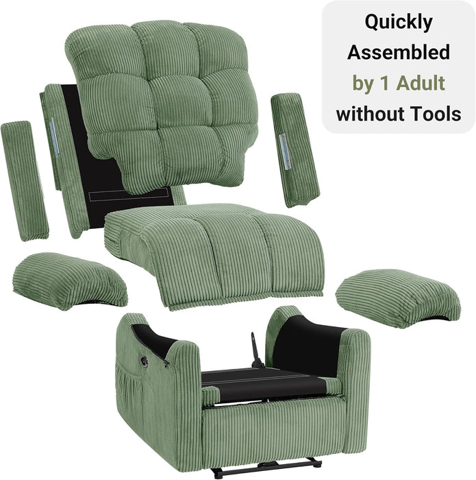 Upgraded 2024 New Power Recliner Chair for Adults, Adjustable Electric Chair Power Reclining Sofa, USB Port, Ultra-Comfy Corduroy Recliner for Living Room, Tool-Less Assembly Single Sofa Green