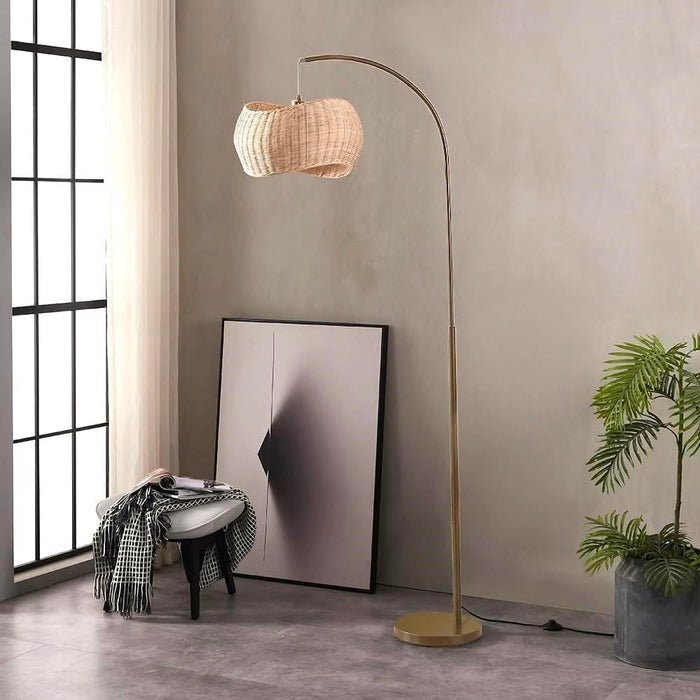 Wave Arc Floor Lamp - Chic Standing Lamp with Unique Hanging Wicker Pendant Shade for Living Room, Boho Rattan Natural Decor Lamp, Arcs over Sofa, Bedroom & Office Desk for Reading - Brass