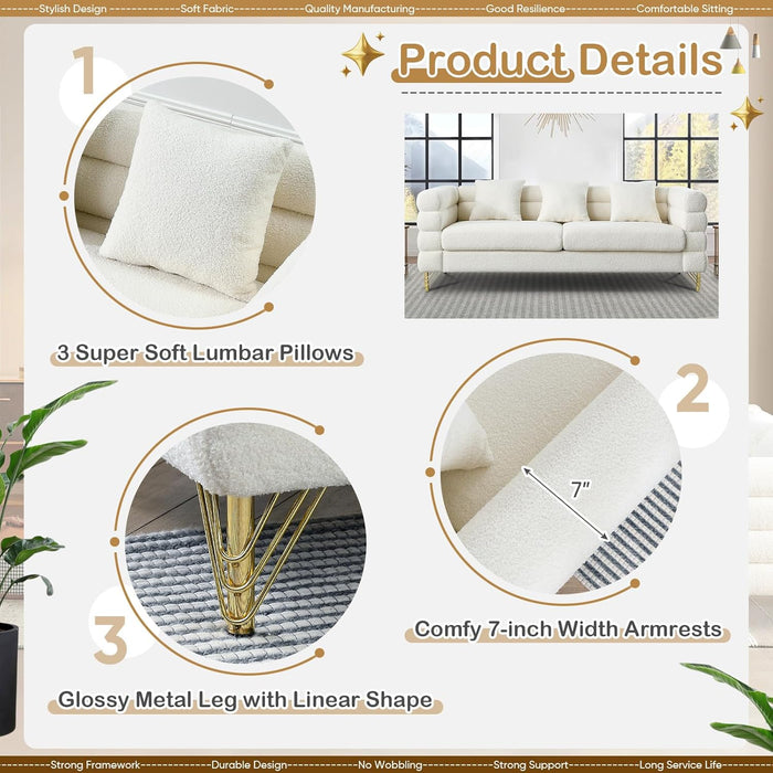 2 Piece Living Room Sofa Set, Comfy Boucle Couch with Loveseat and 3 Seater, Upholstered Sofa Couch with 2 Pillows and Deep Seat Design for Office, Waiting Room, White Teddy