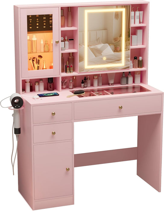 Pink Makeup Vanity Console With Illuminated Mirror
