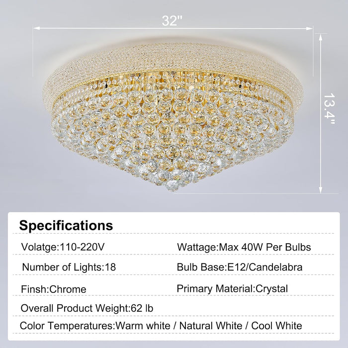 18-Light 32 Inch Large Crystal Chandelier Flush Mount Ceiling Light Fixture for Living Room Dining Room Bedroom Foyer Entryway Gold Finish