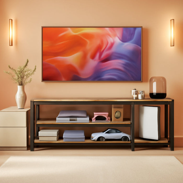 TV Stand with Power Outlets and LED Lights, for Tvs up to 60 Inches, Entertainment Center with Open Storage Shelves, TV Console Table for Living Room, Rustic Brown and Ink Black ULTV121K01