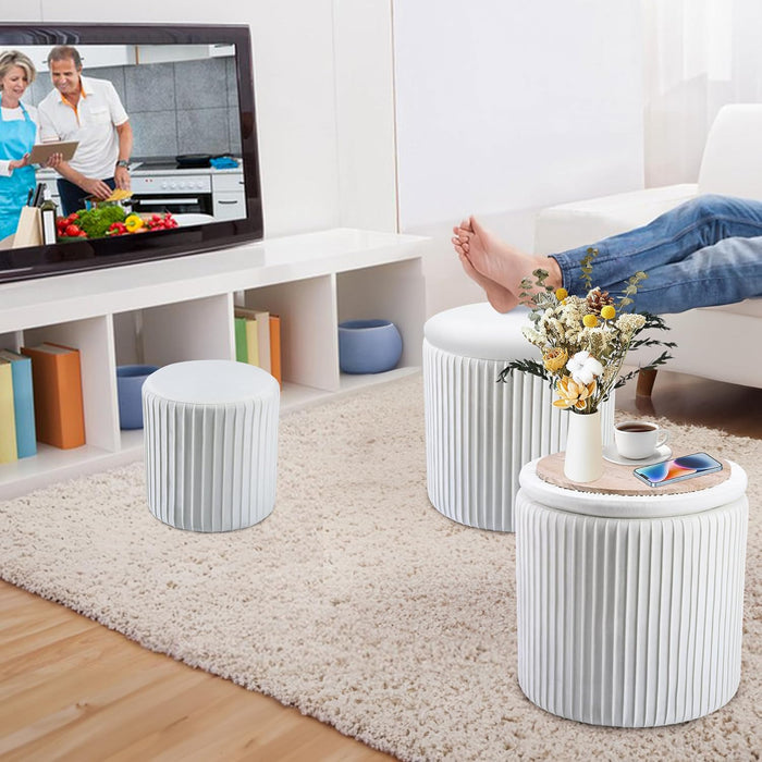 Round Set of 3 Ottoman with Storage-Upholstered Velvet Vanity Stool for Makeup Multifunctional Ottomans Coffee Table Padded Seat Foot Rest for Living Room&Bedroom（White）