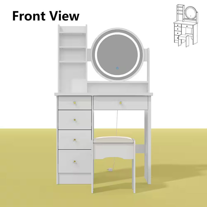 5-Drawers White Wood Makeup Vanity Set Dressing Desk W/ Stool, LED round Mirror and Storage Shelves 52X 31.5X 15.7 In.