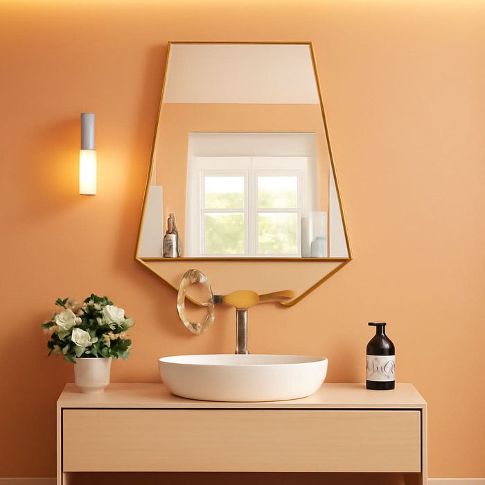 26X20 Inch Bathroom Mirror with Shelf, Irregular Hexagonal Metal Wall Mirrors with Hooks, Bathroom Vanity Mirror Farmhouse, Wall Mounted Mirror Decor for Living Room Bedroom Entryway (Gold)