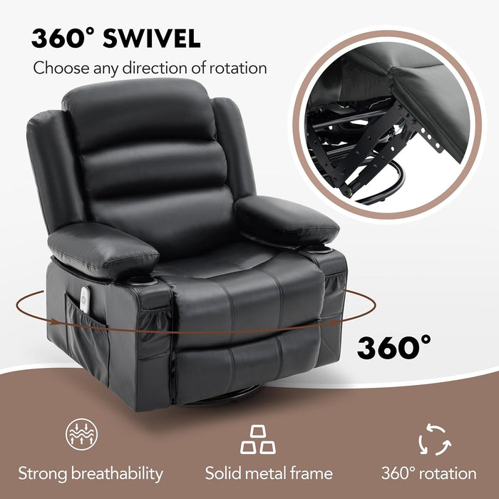 Rocker Recliner Chair with Heat and Massage, 360° Swivel Recliner Chairs for Adults, Oversized Recliner Single Sofa Seat with Cup Holders, Lazy Boy Recliner Single Sofa Seat, Black