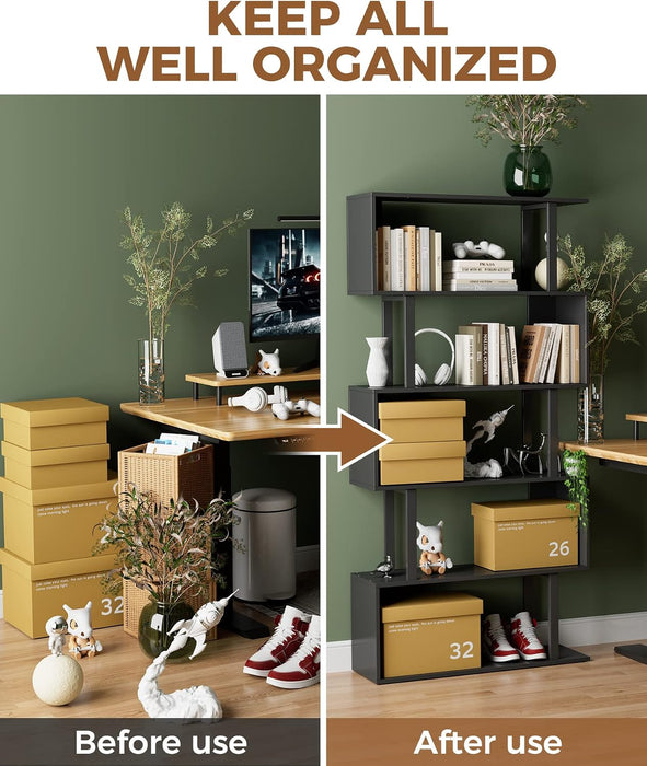 5-Tier Tall Bookshelf, S-Shaped Book Shelf Unit, Black