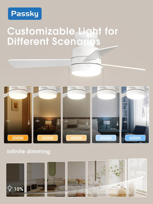 Ceiling Fans with Lights, 42 Inch Low Profile Ceiling Fan with Pull Chain and Remote Control, Flush Mount, Reversible, 5CCT, Dimmable, Noiseless, White Pull Cord Ceiling Fan for Bedroom
