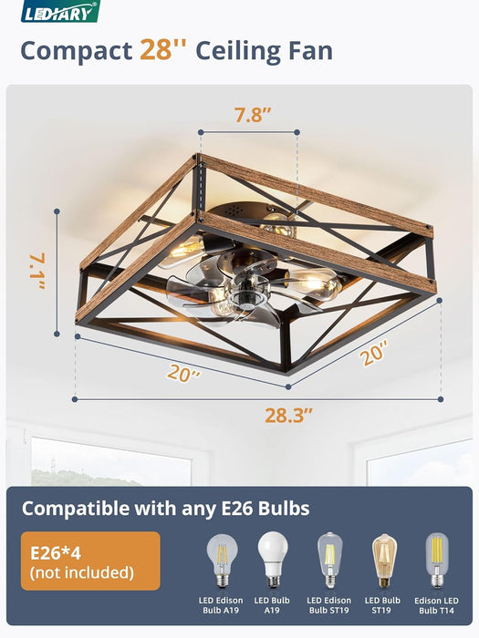 20” Caged Low Profile Ceiling Fans with Lights and Remote, Rustic Square Flush Mount Ceiling Fan, 6 Speed and Reversible, Small Farmhouse Bladeless Ceiling Fan for Bedroom, Kitchen,Dining Room