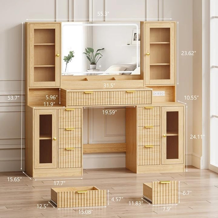 55 Inch Makeup Vanity Desk With LED Lights RGB Glass Cabinets