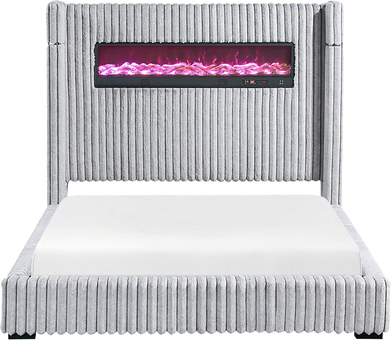 Corduroy Upholstered Bed Frame, Remote Fireplace, Built-In Speaker, Wingback Queen Bed Frame with Headboard, Wooden Slats, Box Spring Needed, Assembly Required, Two-Tone Gray