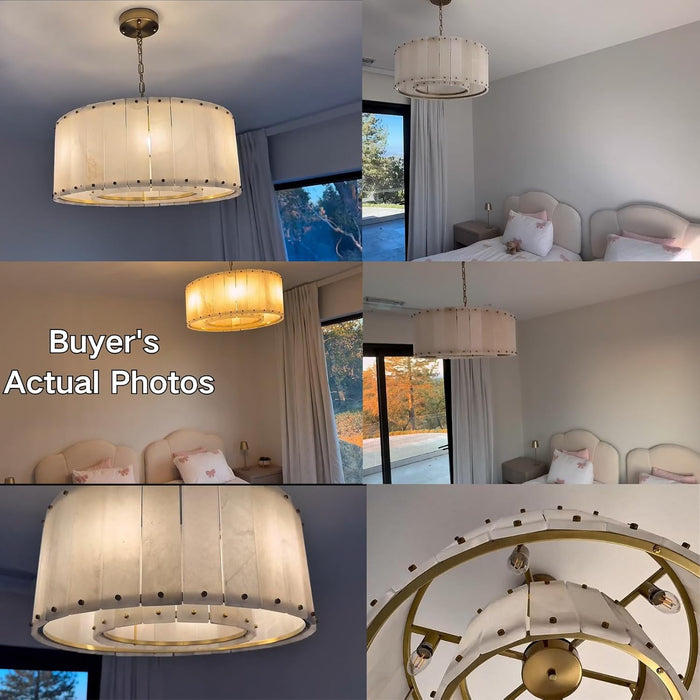 Alabaster Chandeliers,D24In Marble round Alabaster Chandelier,Modern Brass Dining Room Chandelier, Adjustable Gold Chandeliers for Bedroom,Bathroom,Entryway,Foyer,E12 Bulbs Included