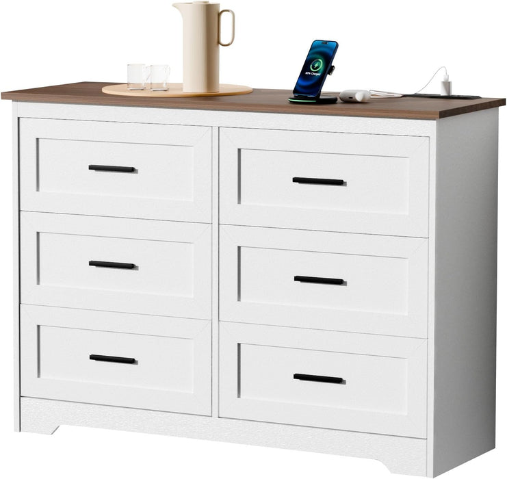 Farmhouse Dresser for Bedroom 6 Drawers Dresser with Power Outlets Rustic Chest of Drawers with Natural Texture White Organizer for Living Room Hallway