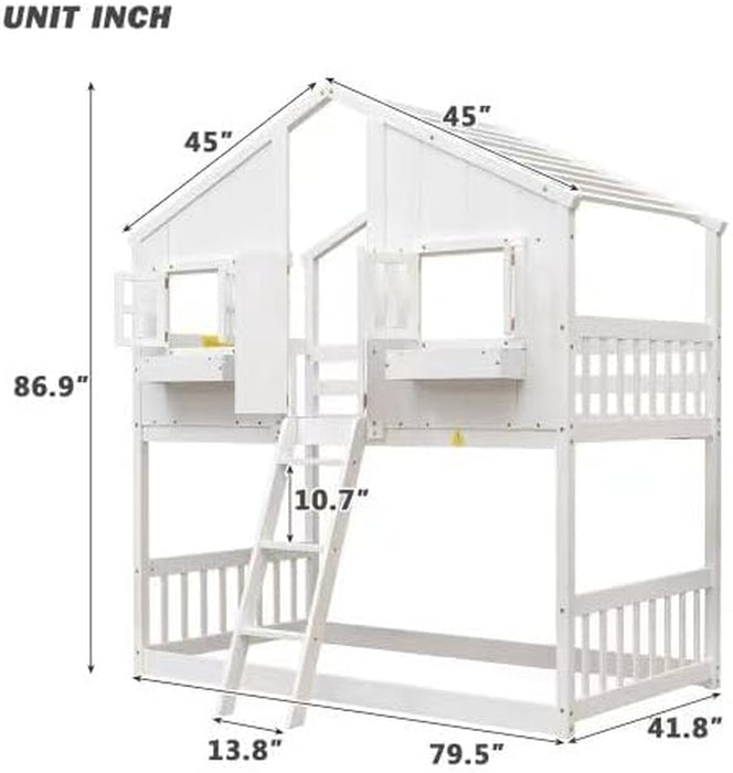 White SolidWood Playhouse BunkBed TwinOverTwin WithRoof Kids