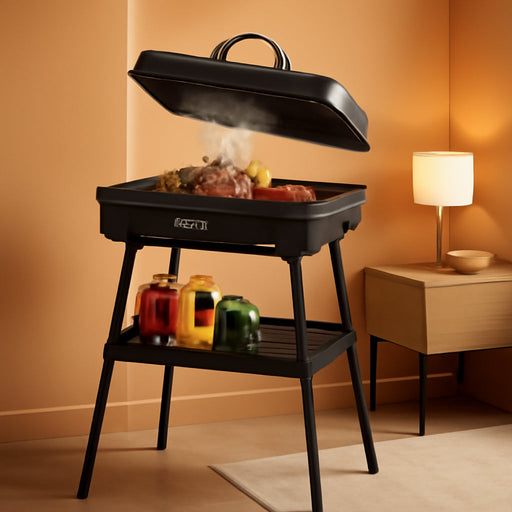 1800W Electric Outdoor Grills with Lid Indoor Smokeless Grill for Balcony with Temperature Control Portable Removable Stand Grill for Cooking, BBQ Party, Family